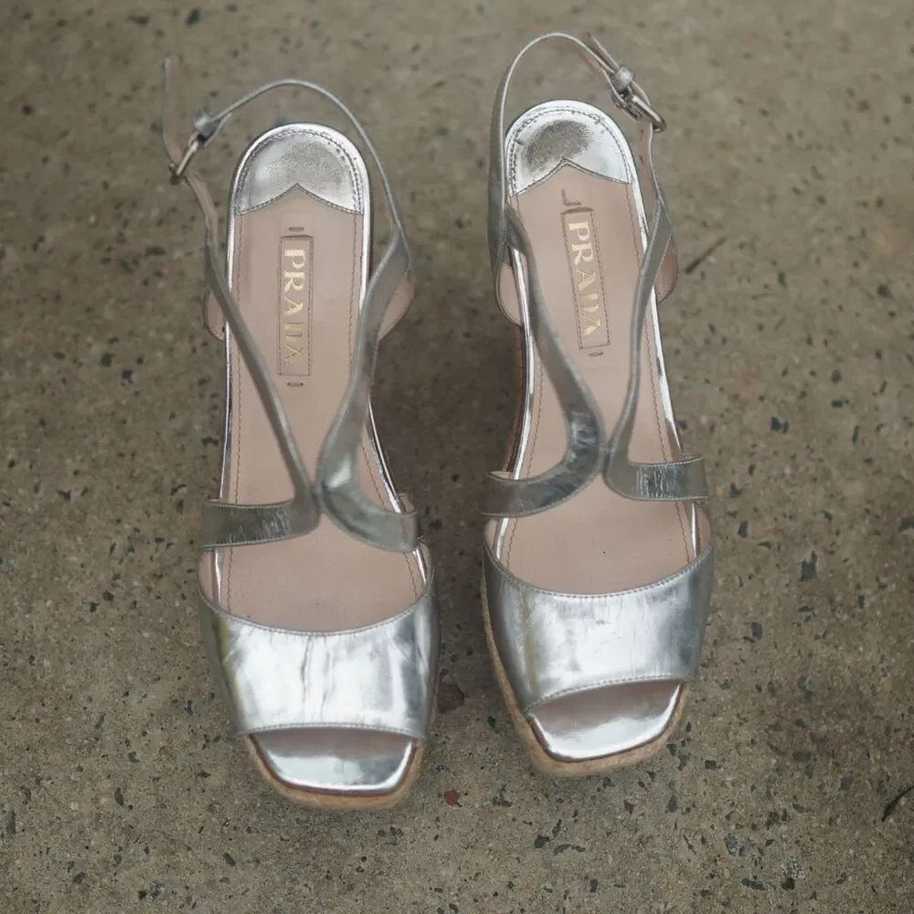 Prada Metallic Silver Leather Strappy Platform Wedge Sandals 40.5 US 10.5 Stripe